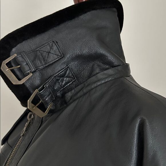 Inivia Leather Men’s 3XL Black Genuine Leather Shearling Aviator Bomber Jacket - Picture 7 of 16